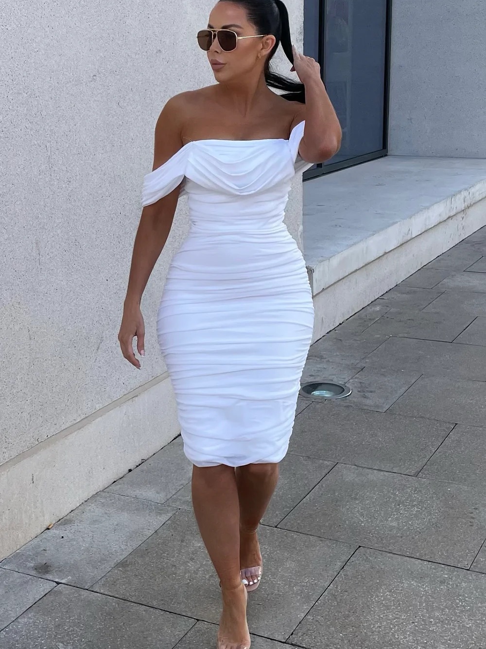 Fashion Nova Bad For The Night Off Shoulder Ruched Bandage Midi Dress - White XS